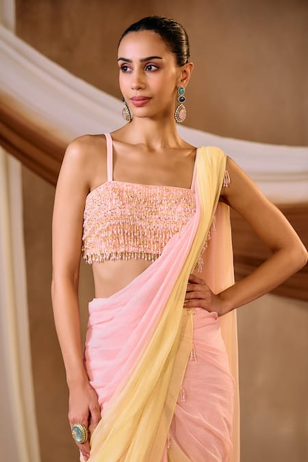 Shop_Niamh By Kriti_Pink Chiffon Embroidery, Beads, Pearls, Crystals And Yellow Shimmer Saree Set _Online_at_Aza_Fashions
