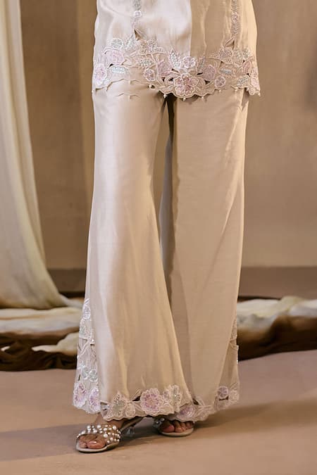 Niamh By Kriti_Beige Chanderi , Chanderi, Pearls, Resham Embroidered Kurta And Pant Set _Online_at_Aza_Fashions