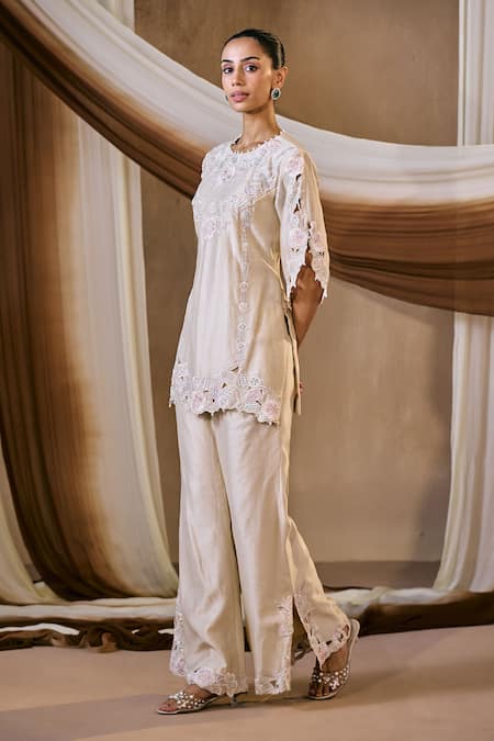 Buy_Niamh By Kriti_Beige Chanderi , Chanderi, Pearls, Resham Embroidered Kurta And Pant Set _Online_at_Aza_Fashions