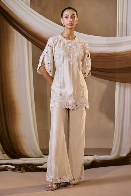 Niamh By Kriti Beige Chanderi , Chanderi, Pearls, Resham Embroidered Kurta And Pant Set 