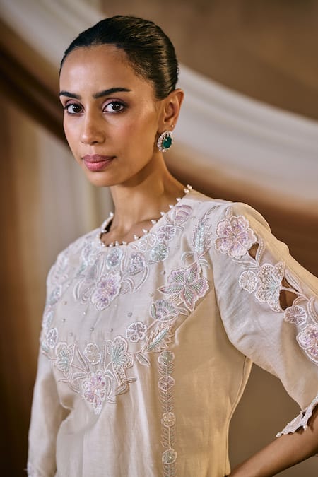 Shop_Niamh By Kriti_Beige Chanderi , Chanderi, Pearls, Resham Embroidered Kurta And Pant Set _Online_at_Aza_Fashions