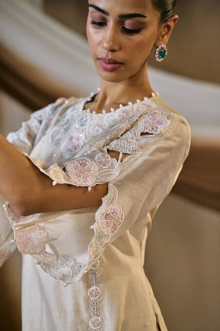 Niamh By Kriti_Beige Chanderi , Chanderi, Pearls, Resham Embroidered Kurta And Pant Set _at_Aza_Fashions