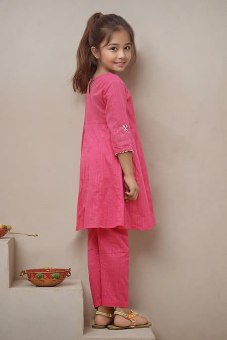 Petite Pomme_Pink Cotton Embroidery Hand Anarkali Set _at_Aza_Fashions