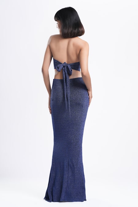 Shop Ahi Clothing X AZA Blue Lycra Halter Neck Zyra Shimmer Mermaid Long Dress Set at Aza Fashions Shop_Ahi Clothing X AZA_Blue Lycra Halter Neck Zyra Shimmer Mermaid Long Dress Set _at_Aza_Fashions