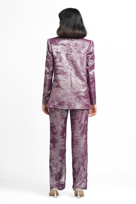 Shop Ahi Clothing X AZA Purple Lycra Miranda Claret Maroon Embellished Coat And Pant Set at Aza Fashions Shop_Ahi Clothing X AZA_Purple Lycra Miranda Claret Maroon Embellished Coat And Pant Set _at_Aza_Fashions