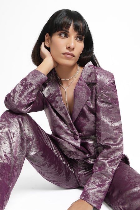 Shop Ahi Clothing X AZA Purple Lycra Miranda Claret Maroon Embellished Coat And Pant Set Online at Aza Fashions Shop_Ahi Clothing X AZA_Purple Lycra Miranda Claret Maroon Embellished Coat And Pant Set _Online_at_Aza_Fashions