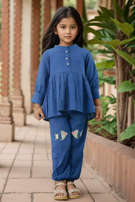 Petite Pomme Blue Cotton Sequins, Embroidery Fish Peplum Set