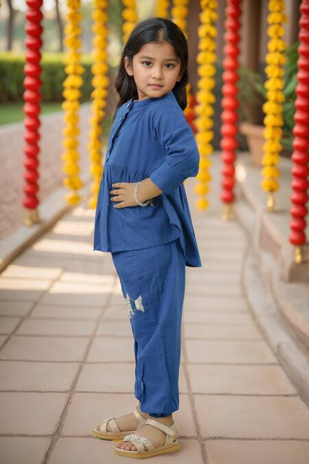 Petite Pomme_Blue Cotton Sequins, Embroidery Fish Peplum Set _at_Aza_Fashions