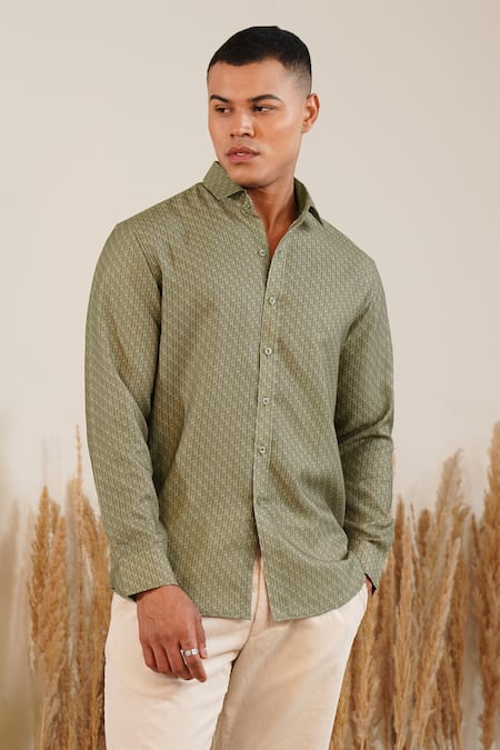 Eleven Brothers Green Linen Toned Terrain Printed Shirt 