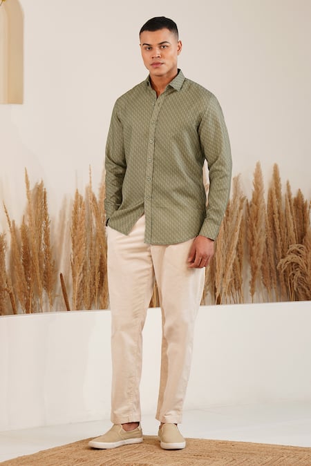 Buy_Eleven Brothers_Green Linen Toned Terrain Printed Shirt _Online_at_Aza_Fashions