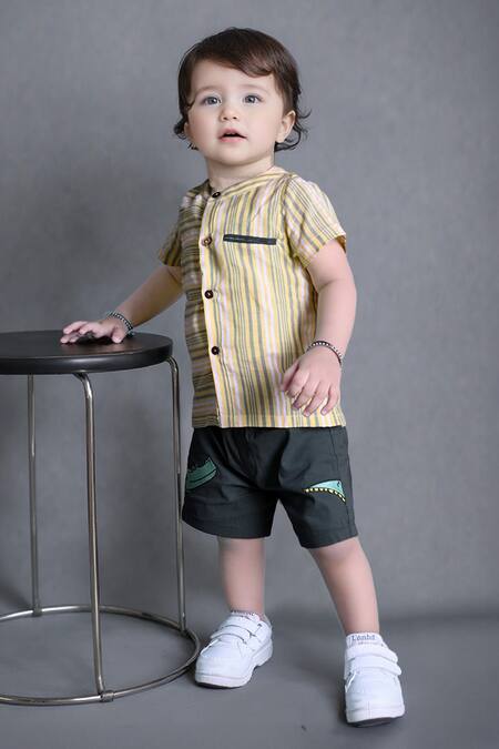 Petite Pomme Yellow Cotton Striped Shirt And Green Shorts Online at Aza Fashions Petite Pomme_Yellow Cotton Striped Shirt And Green Shorts_Online_at_Aza_Fashions