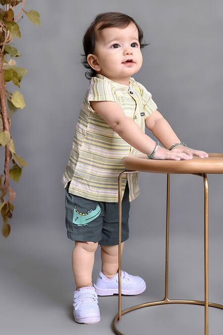 Buy Petite Pomme Yellow Cotton Striped Shirt And Green Shorts Online at Aza Fashions Buy_Petite Pomme_Yellow Cotton Striped Shirt And Green Shorts_Online_at_Aza_Fashions