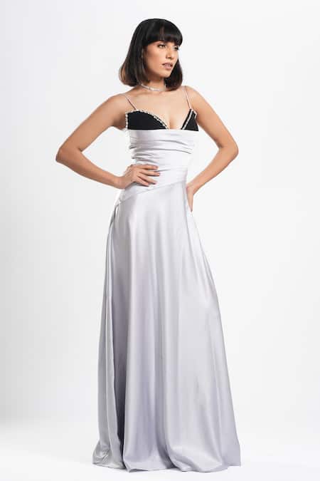 Ahi Clothing X AZA_Silver Plunge Neck Vetra Black And Strappy Dress _at_Aza_Fashions