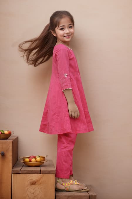 Shop_Petite Pomme_Pink Cotton Embroidery Hand Anarkali Set _Online_at_Aza_Fashions