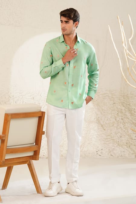 Buy_Eleven Brothers_Green Linen Embroidery Chirp And Chill Shirt _Online_at_Aza_Fashions