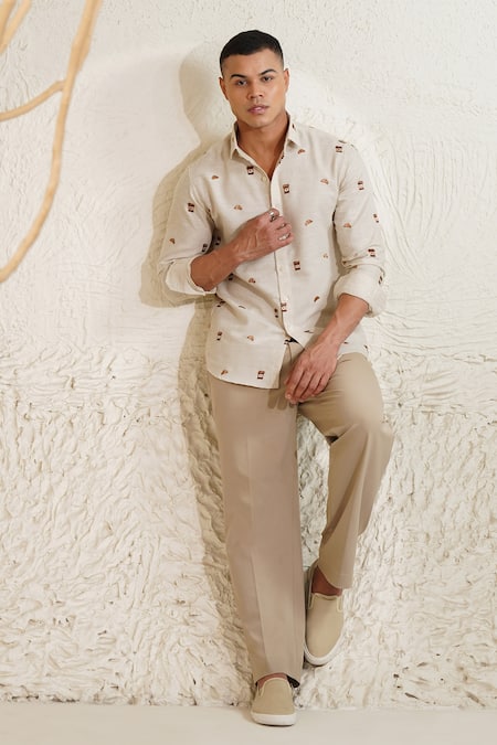 Eleven Brothers Coffee & Croissant Embroidered Linen Shirt  