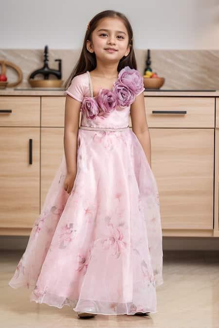 Petite Pomme Pink Fabric Flowers Designer Floral Gown
