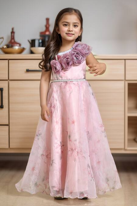 Buy_Petite Pomme_Pink Fabric Flowers Designer Floral Gown_Online_at_Aza_Fashions