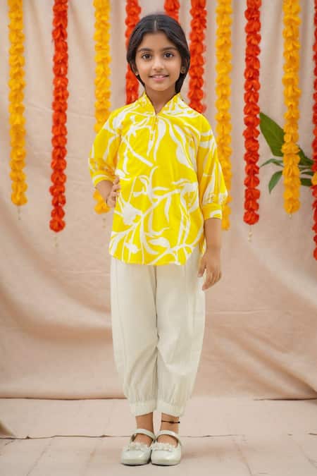 Petite Pomme Yellow Cotton Pine Print Kurta Set