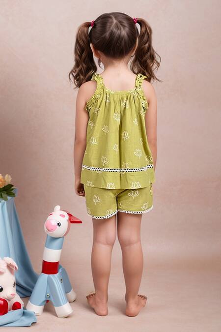 Shop Petite Pomme Green Cotton Embroidery Kids Top And Shorts Set at Aza Fashions Shop_Petite Pomme_Green Cotton Embroidery Kids Top And Shorts Set_at_Aza_Fashions