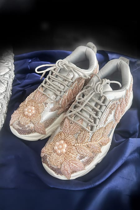 Chal Jooti Rose Gold Twilight Bead Embellished Floral Sneakers