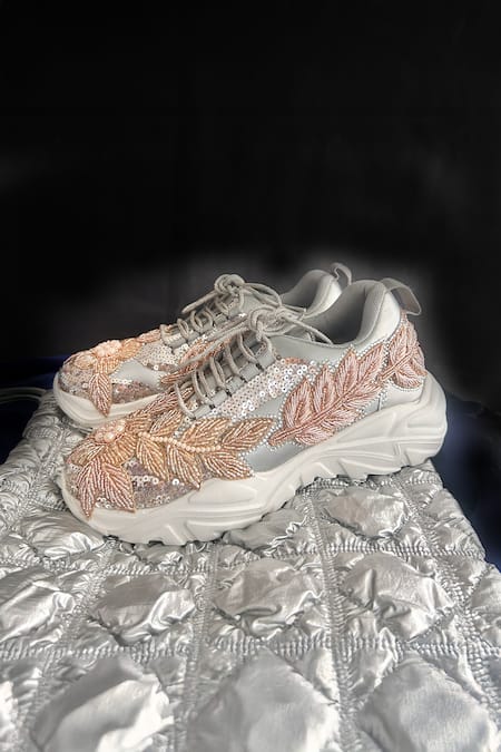 Chal Jooti_Rose Gold Twilight Bead Embellished Floral Sneakers _Online_at_Aza_Fashions
