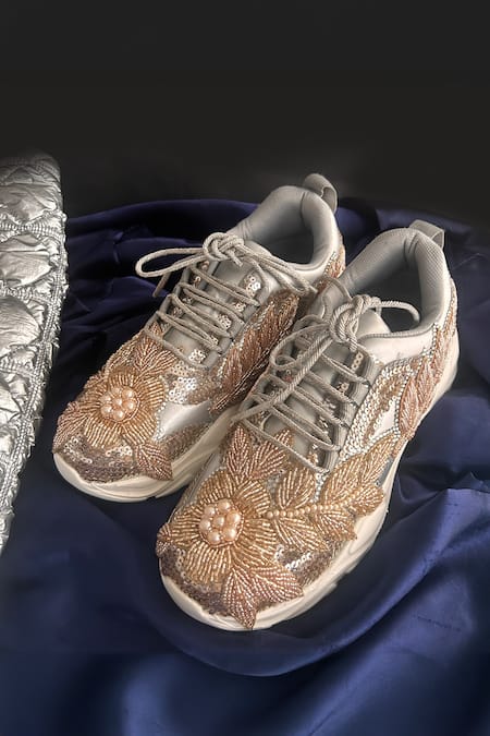 Buy_Chal Jooti_Rose Gold Twilight Bead Embellished Floral Sneakers _Online_at_Aza_Fashions