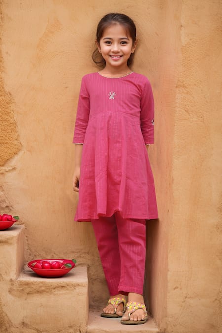 Samyukta Singhania Pink Cotton Embroidery Hand Anarkali Set