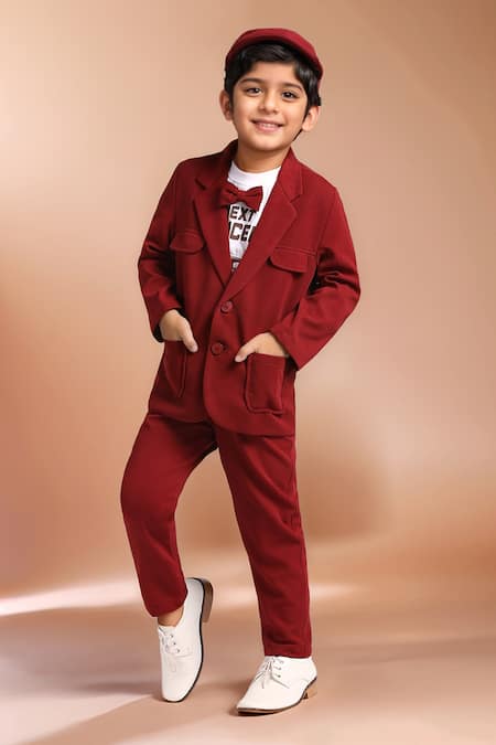 Petite Pomme Red Silk, Cotton Blazer Suit Set For Boys at Aza Fashions Petite Pomme_Red Silk, Cotton Blazer Suit Set For Boys _at_Aza_Fashions