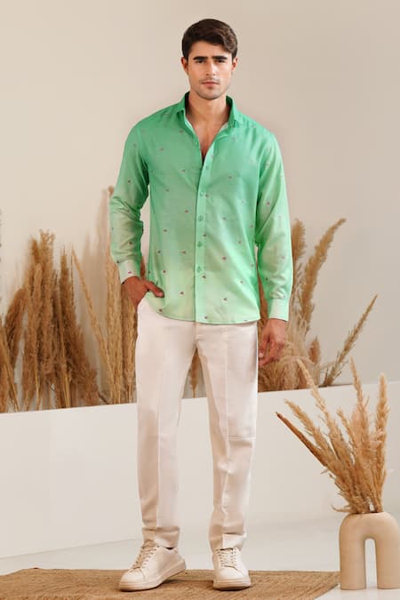 Buy_Eleven Brothers_Green Linen Embroidery Meadow Drift Shirt _Online_at_Aza_Fashions