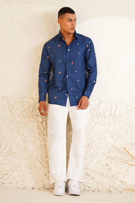 Buy_Eleven Brothers_Navy Linen Embroidery Sea Doodle Shirt _Online_at_Aza_Fashions