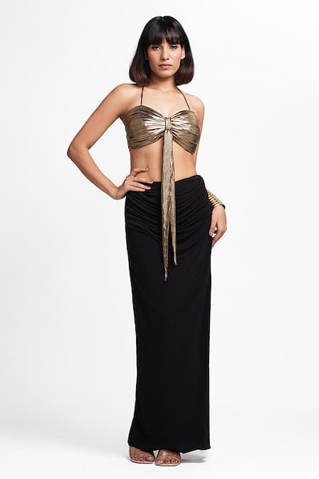 Buy_Ahi Clothing X AZA_Gold Lycra Sweetheart Neck Cocktail Bustier And Skirt Set _Online_at_Aza_Fashions