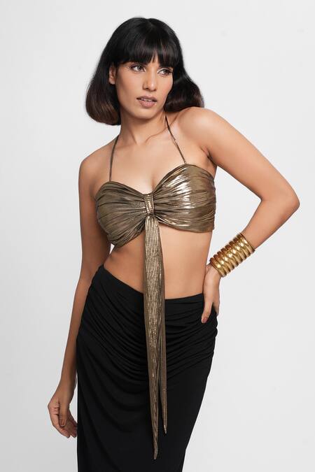 Ahi Clothing X AZA_Gold Lycra Sweetheart Neck Cocktail Bustier And Skirt Set _at_Aza_Fashions