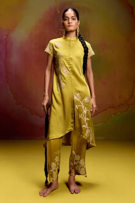 Kavitha Gutta_Green Satin Zari Mandarin Collar Bell Kurta And Pant _Online_at_Aza_Fashions