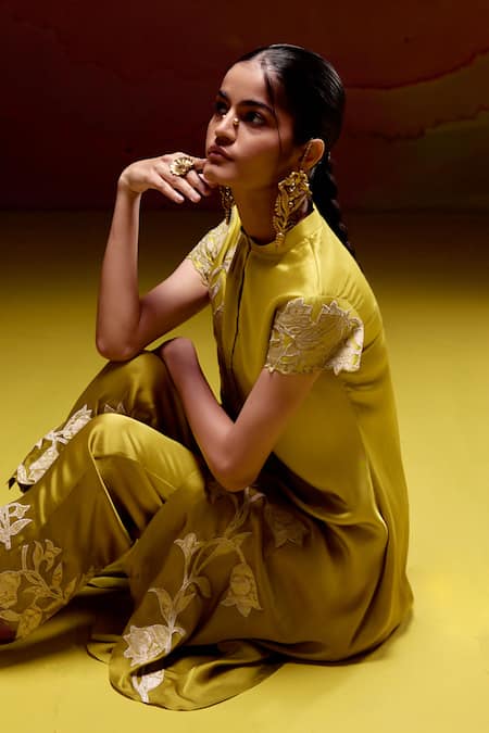 Shop_Kavitha Gutta_Green Satin Zari Mandarin Collar Bell Kurta And Pant _Online_at_Aza_Fashions