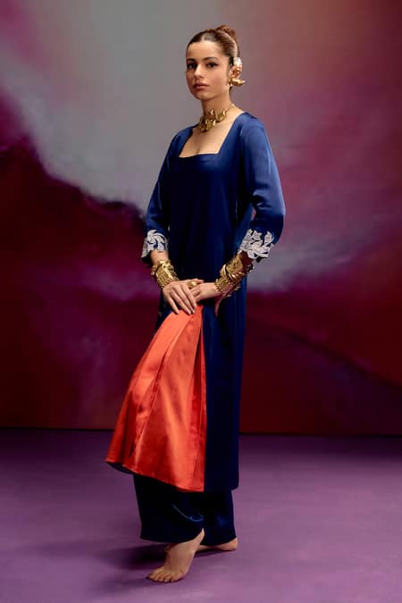 Buy_Kavitha Gutta_Blue Satin Embroidery Square Neck Sunray Kurta And Pant Set _Online_at_Aza_Fashions