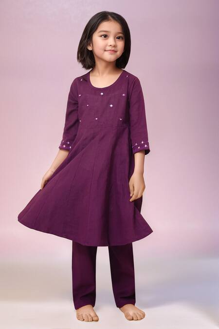 Shop_Petite Pomme_Purple Cotton Mirrors Work Anarkali Set _Online_at_Aza_Fashions