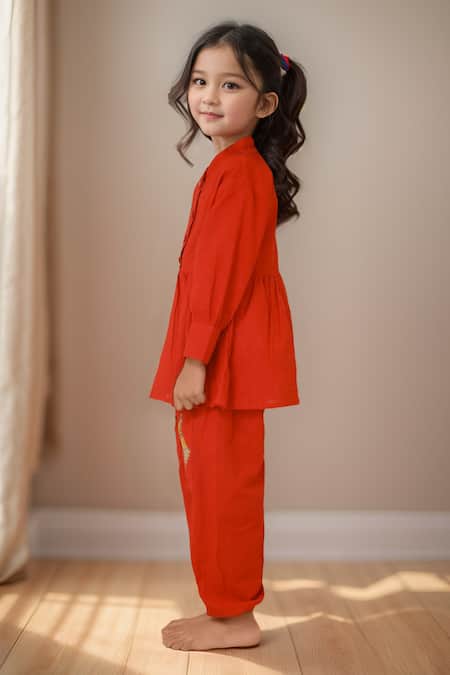 Petite Pomme_Red Cotton Embroidery Hand Peplum Set _Online_at_Aza_Fashions