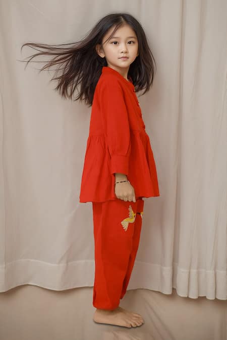 Buy_Petite Pomme_Red Cotton Embroidery Hand Peplum Set _Online_at_Aza_Fashions