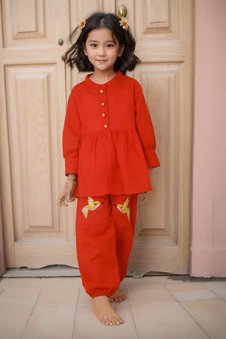 Samyukta Singhania Red Cotton Embroidery Hand Peplum Set 