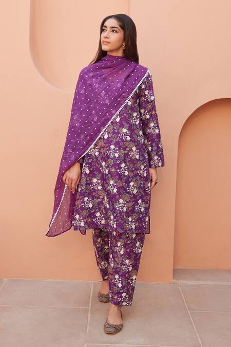 Gulabo Jaipur_Purple Cotton Embroidery Round Neck Anjum Straight Kurta Set_Online_at_Aza_Fashions
