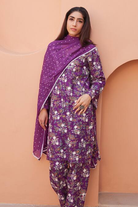 Buy_Gulabo Jaipur_Purple Cotton Embroidery Round Neck Anjum Straight Kurta Set_Online_at_Aza_Fashions