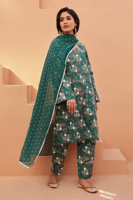 Gulabo Jaipur_Teal Cotton Embroidery Split V-neck Anjum Green Straight Kurta Set_Online_at_Aza_Fashions