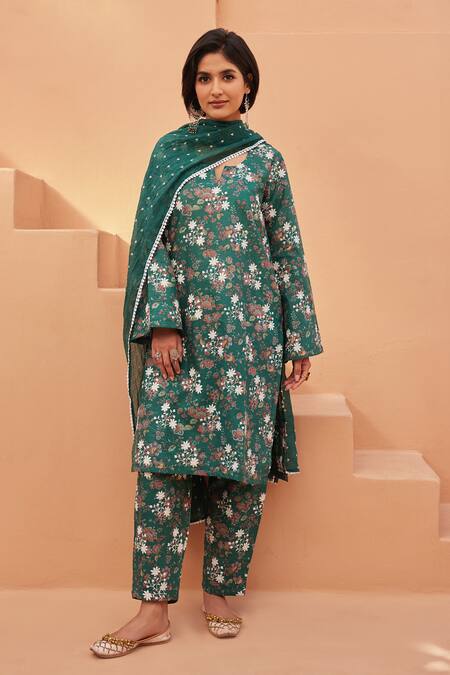 Buy_Gulabo Jaipur_Teal Cotton Embroidery Split V-neck Anjum Green Straight Kurta Set_Online_at_Aza_Fashions