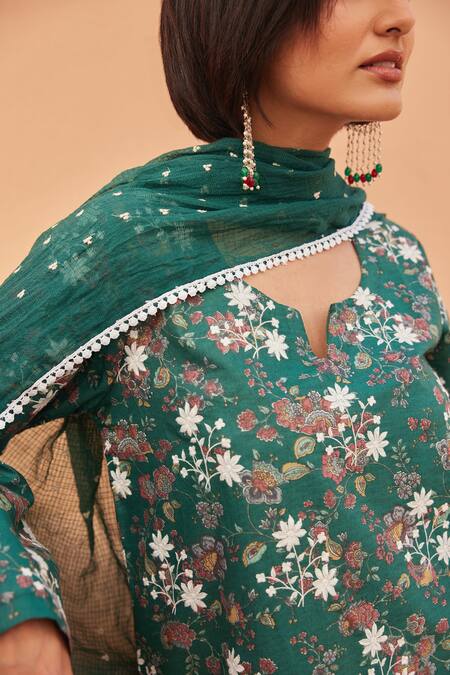 Buy_Gulabo Jaipur_Teal Cotton Embroidery Split V-neck Anjum Green Straight Kurta Set