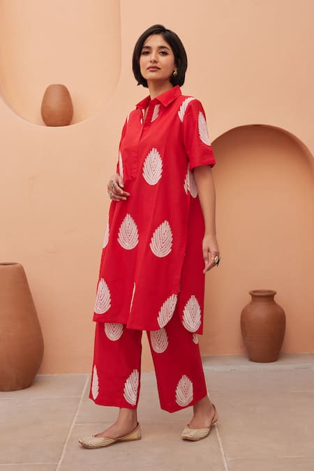 Buy_Gulabo Jaipur_Red Cotton Embroidery Collared Khalak Kurta And Pant Co-ord Set _Online_at_Aza_Fashions