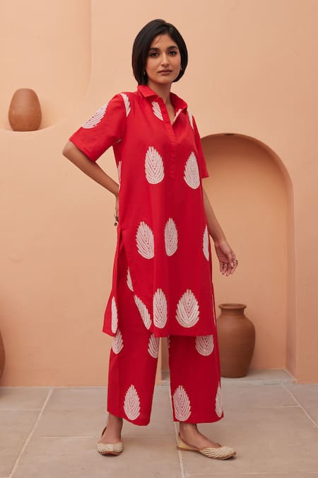 Shop_Gulabo Jaipur_Red Cotton Embroidery Collared Khalak Kurta And Pant Co-ord Set _Online_at_Aza_Fashions
