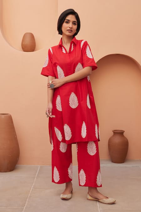 Gulabo Jaipur_Red Cotton Embroidery Collared Khalak Kurta And Pant Co-ord Set _at_Aza_Fashions