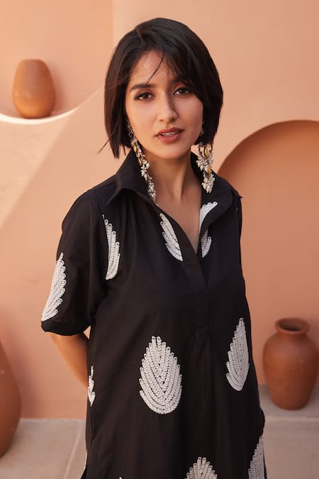 Gulabo Jaipur_Black Cotton Embroidery Collared Khalak Kurta And Pant Co-ord Set _at_Aza_Fashions