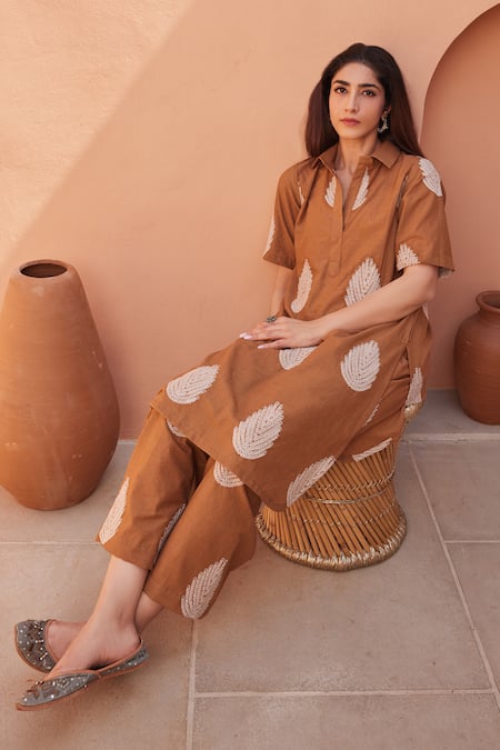 Gulabo Jaipur_Brown Cotton Embroidery Collared Khalak Kurta And Pant Co-ord Set _Online_at_Aza_Fashions